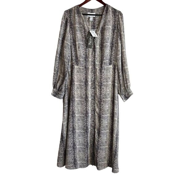 JOSEPH RIBKOFF size 14 Beige Black Snakeskin Button midi Dress Long Sleeve $349 - Picture 2 of 8